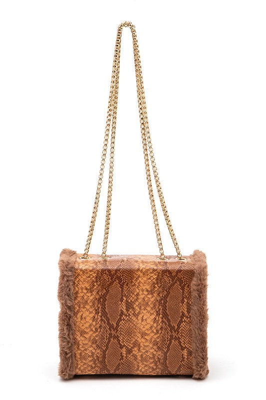 Shearling Snake Print Shoulder Bag