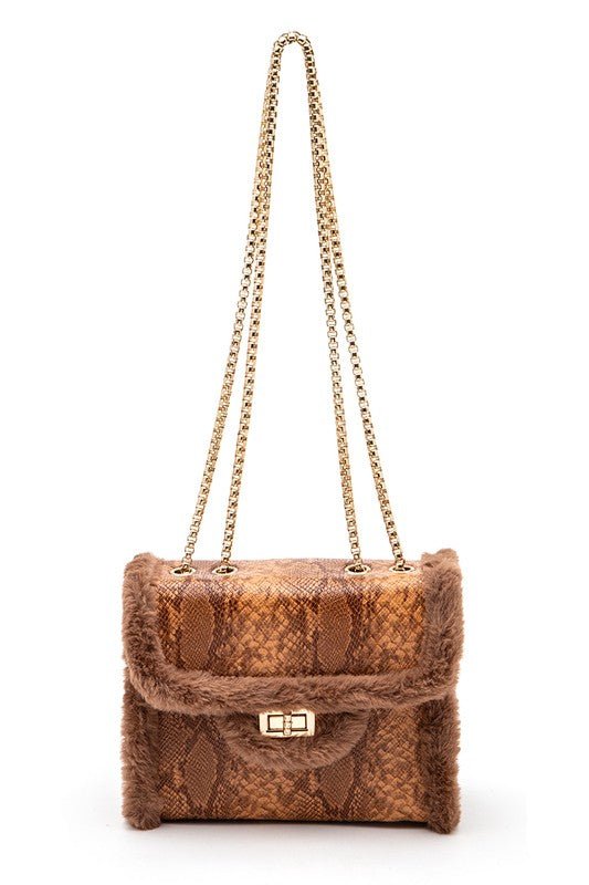 Shearling Snake Print Shoulder Bag