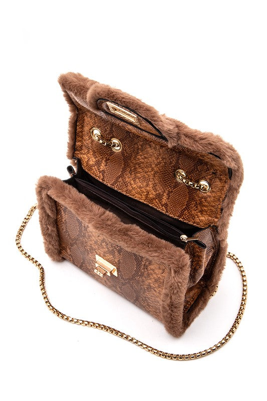 Shearling Snake Print Shoulder Bag