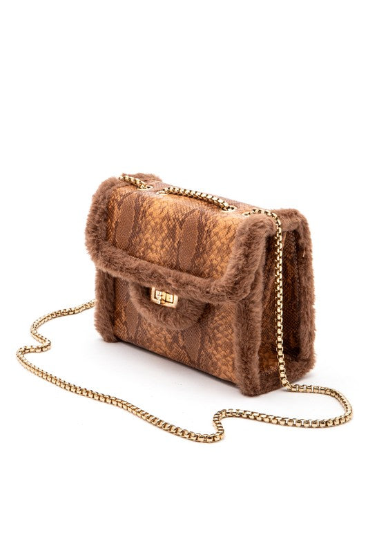 Shearling Snake Print Shoulder Bag